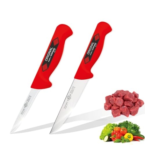 EIKASO Solingen Metzgermesser Set 2tlg, von Profis - für Profis und Privat Ausbeinmesser Fleischmesser aus 1.4116 Molybdänstahl, rostfrei, Handabzug, rote extra rutschfeste Polypropylengriffe