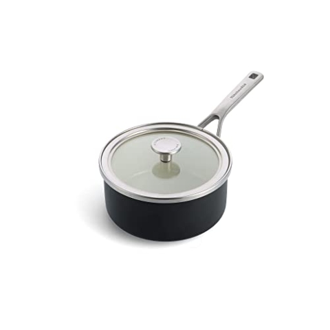 KitchenAid Steel Core Enamel Stielkasserolle mit Deckel (18cm/2l), deutsche Emaille, Induktionsgeeignet, backofenfest, spülmaschinenfest, Schwarz Matt