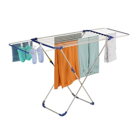 Relaxdays Wäscheständer, 2 ausziehbare Flügel, Trockenständer, HBT: 100x177x56 cm, klappbar, Wäschetrockner, Silber/blau