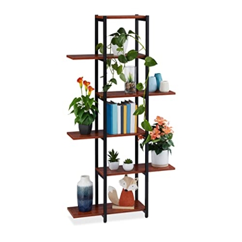 Relaxdays Pflanzenregal, Blumentreppe 6 Ablagen, HBT: 150x78x24 cm, Stahl & MDF, Blumenregal innen, schwarz/Dunkelbraun