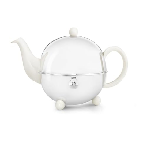 Schöne weiße Teekanne Cosy 0,9 Ltr. mit isolierendem Edelstahlmantel poliert von Bredemeijer inkl. Teefilter (für losen Tee) 1301W (Z161)