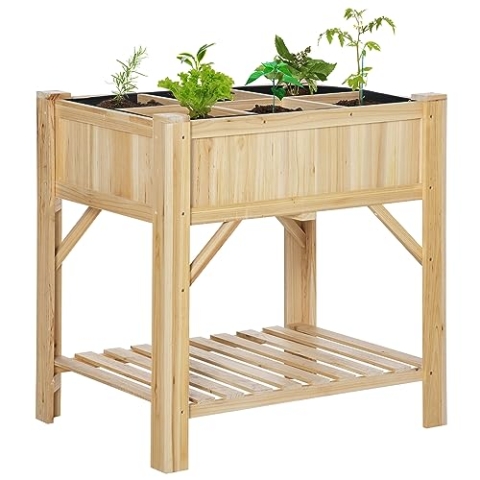 Outsunny Hochbeet Holz mit 6 getrennten Anbauflächen Pflanztisch Blumenkasten Vliesstoff Natur 78,5 x 58 x 81 cm