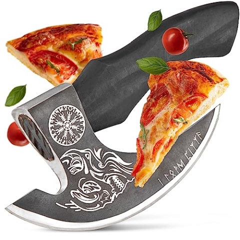 ECKWIN - Pizza Axt Wikinger inkl. Lederschutz - Pizzamesser für echte Wikinger - Pizzaschneider Axt perfekt geeignet als Wikinger Deko - Wikinger Axt, Pizza Wiegemesser, Wikinger Messer, Beil