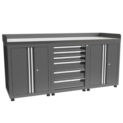 Kraftmeister werkbank 200 cm - mit 6 Schubladen, 4 Türen und Edelstahl-Arbeitsplatte - Grau