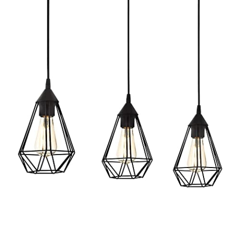 EGLO Pendelleuchte Tarbes Vintage in schwarz, Hängelampe Esszimmer 3-flammig im Retro Look, Hängeleuchte aus Stahl, Pendellampe mit E27 Fassung