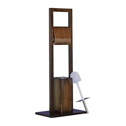 Relaxdays, Klobürste, Klopapierhalter, Toilettenbürste, Toilettenpapierhalter, Bambus, HBT 82x36x21cm, braun WC Garnitur, Edelstahl, Kunststoff, Dunkelbraun, 36 x 21 x 82 cm
