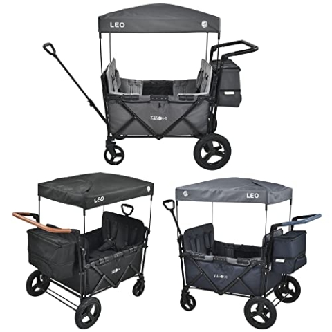 FableKids Bollerwagen Leo X4Plus mit Dach|Faltbarer Transportwagen|belastbar bis 20 kg pro Sitz|4X 5-Punkt-Gurt|360° Offroad Räder|Fußbremse|Oxford 600D|Belüftungsnetze|Fossil Grau, 113x78x130 cm