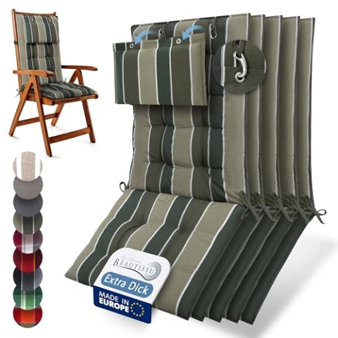 Beautissu 5er Set Premium Hochlehner Auflage Kopfpolster 120x50cm Sun-HL – 8cm Dick Polster Gartenstuhlauflage rutschfest Befestigungsbänder UV-Lichtechtheit 5 – Robust Stoff Grün gestreift