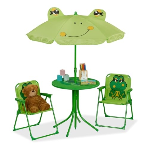 Relaxdays Camping Kindersitzgruppe, Frosch Motiv, Kindersitzgarnitur mit Schirm, Klappstühlen & Tisch, Garten, grün