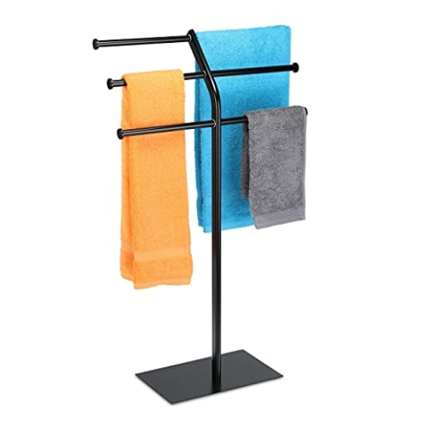 Relaxdays Handtuchhalter, 3 Stangen für 6 Tücher, freistehend, Badezimmer u. Küche, Eisen, HBT: 87x50,5x20,5 cm, schwarz