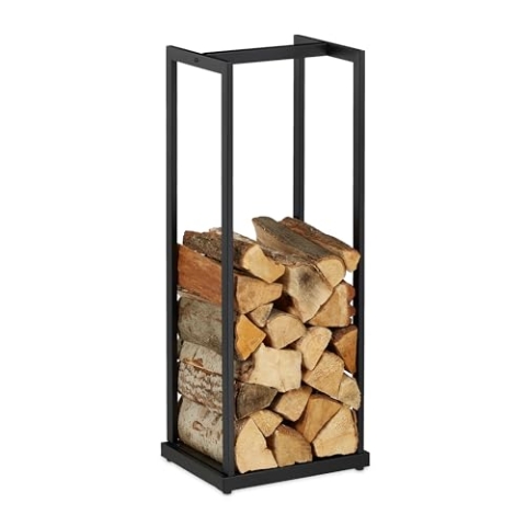 Relaxdays, schwarz Kaminholzregal, Metall, Brennholzregal hoch, für Feuerholz, Stapelholz, Brennholz, HBT: 95x37x30 cm, Stahl