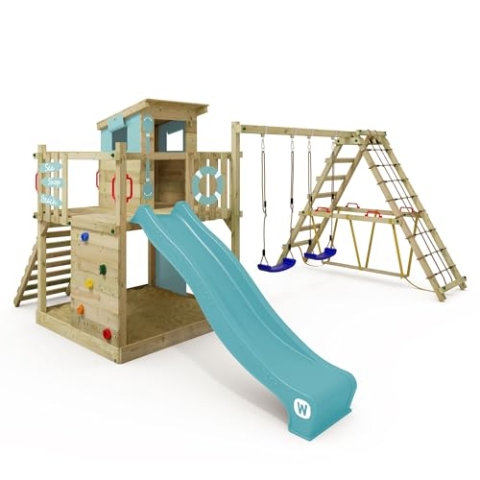 WICKEY Spielturm Klettergerüst Smart Surf mit Schaukel & pastellblauer Rutsche, Outdoor Kinder Kletterturm mit Sandkasten, Leiter & Spiel-Zubehör für den Garten