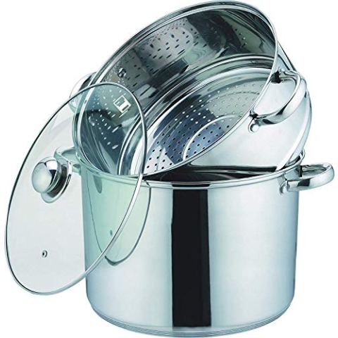 Kamberg 0008073 – Couscoustopf/Dampfgarer/Kochtopf (3‑in‑1) – Durchmesser 28 cm – 12 Liter – Hochwertiger Edelstahl – Mit Glasdeckel – Für alle Herdarten, auch Induktion, Stainless Steel, 12 liters