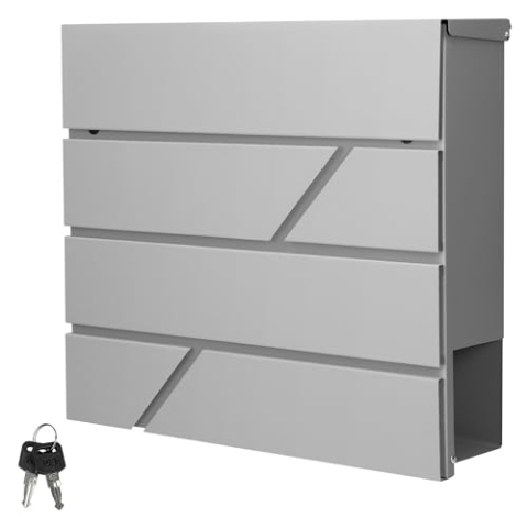 ECD Germany Briefkasten mit Zeitungsfach, Hellgrau, 37x11x37 cm, aus Edelstahl pulverbeschichtet, inkl. 2 Schlüssel, Montagematerial, Moderner Design Wandbriefkasten, Postkasten Mailbox Zeitungsrolle