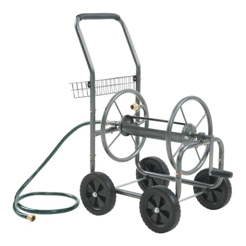 pro.tec Schlauchwagen für 3/4 Zoll Schlauch bis zu 65 m Metall Gartenschlauchwagen ohne Schlauch Schlauchtrommel mit Reifen rollbar Schlauchaufroller mit Handkurbel 84 x 48 x 93 cm Grau