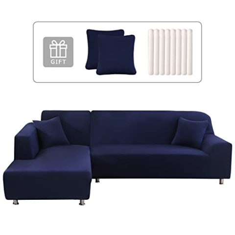 Lydevo Sofabezug Ecksofa L Form Sofa Überwürfe Stretch Sofabezug L Form Rechts oder Links mit Zwei Kissenbezügen Waschbar Universal-Couchbezug L Form Sofa Cover L Shape(3 Sitzer+4 Sitzer,Navy Blau)