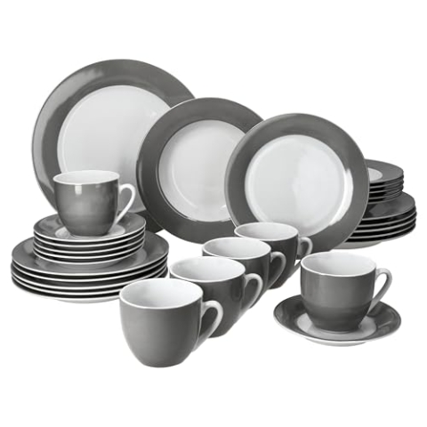 MamboCat Variant Grau 30tlg Kombiservice I Porzellan-Geschirrset mit grauem Rand für 6 Personen I Je 6x Kaffeetassen 200ml, Untertassen, Kuchenteller, Suppenteller & Speiseteller