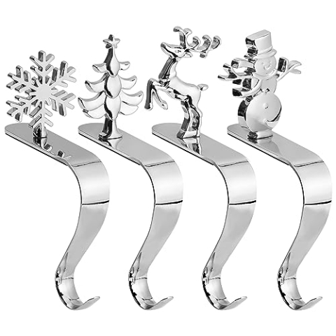 BELLE VOUS 4er Set Silberner Kaminhaken Weihnachtsstrumpf Halter - 4 Muster Schneeflocke, Schneemann, Weihnachtsbaum & Rentier Silber Nikolausstrumpf Halter - Metallklemmen für Kamin Deko Weihnachten