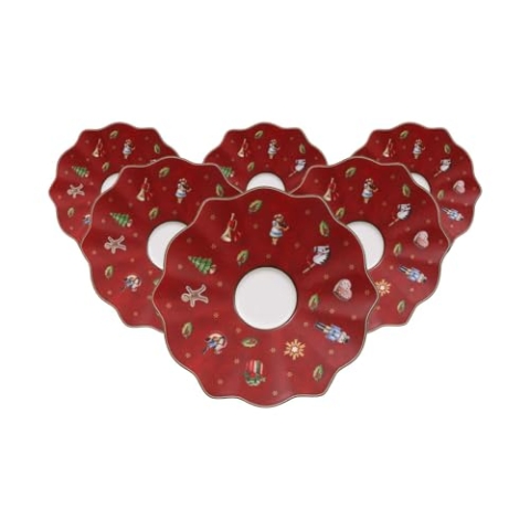 Villeroy & Boch Toy's Delight Mokka-/Espresso-Untertassen 6er Set, 13 cm, Unterteller mit Weihnachtsdekor, Weihnachtsgeschirr aus Premium Porzellan, Rot
