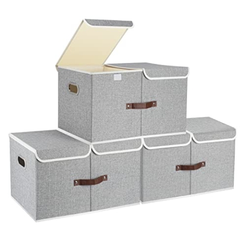 TYEERS Extra Große Aufbewahrungsbox mit Deckel und Fächern, Stoff, Faltbare, Waschbare, Kisten Aufbewahrung mit Deckel, 55x33x30 cm, 3-Stück, Grau