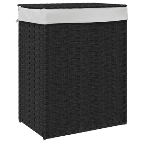 vidaXL Wäschekorb, Wäschesammler mit Innentasche Deckel, Klappbar Wäschebox Wäschesack, Wäschetruhe Wäschetonne, Schwarz 46x33x60cm Poly Rattan