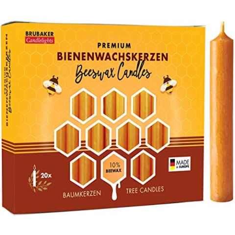 BRUBAKER 200er Pack Baumkerzen 10% Bienenwachs Weihnachtskerzen Pyramidenkerzen Christbaumkerzen Honig-Gelb