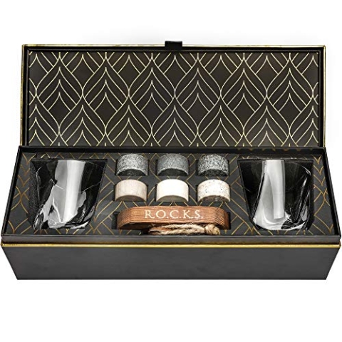Whiskey Steine Geschenkset - 6 Handgefertigte Premium-Granitsteine, 2 außergewöhnliche Kristallgläser, Präsentations- und Aufbewahrungstablett aus Hartholz, Elegante Geschenkbox mit Goldfolie