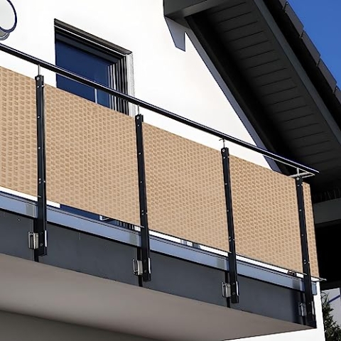 NYVI Polyrattan Balkon Sichtschutz Privafence 90x500 cm Beige - Balkonbespannung mit Metallösen - UV-fest, Witterungsbeständig, 100% Blickdicht - Balkonumspannung Balkonumrandung 0.9x5 cm