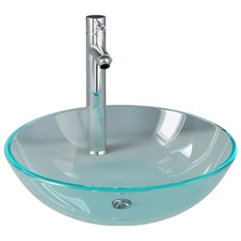 vidaXL Waschbecken mit Wasserhahn Ablaufgarnitur Spülbecken Waschtisch Waschschale Aufsatzwaschbecken Badezimmer Gehärtetes Klarglas