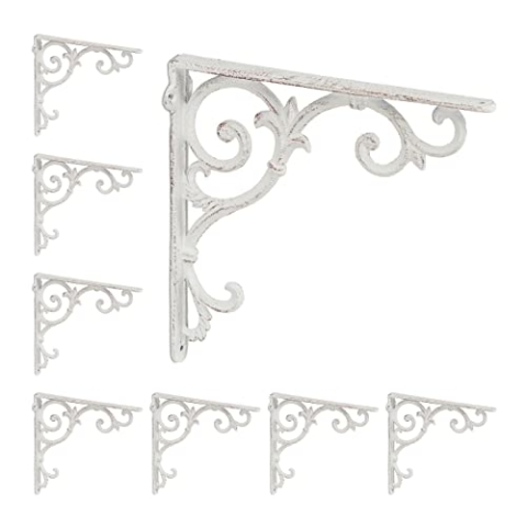 8 x Regalwinkel antik, Regalträger Gusseisen, Barocke Ornamente, Winkel für Regale, Vintage, Regalhalterung, weiß