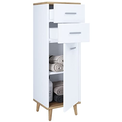 VCM Badmöbel Midischrank | Seitenschrank | Maße: H. 97 x B. 32 x T. 28 cm| 2 Schubladen | 1 Drehtür | 2 Fächer – Landos Weiß/Honig-Eiche