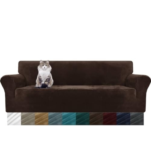 MAXIJIN Dicker Samt Extra große Sofabezüge 4-Sitzer Super Stretch Rutschfester übergroßer Sofabezug für Hunde Cat Pet 1-teiliger XL-Sofabezug elastischer Möbelschutz (4 Sitzer, Dunkler Kaffee)