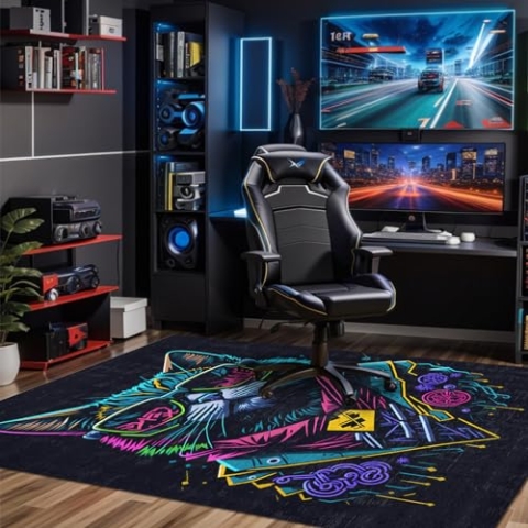 bamyum Blackcat Gaming Teppich, Bedruckter Teppich Chenille-Druck Maschinell Hergestellt für Spielzimmer, Gamer-Teppiche für Schlafzimmer, Videospiel-Teppich, Waschbarer Teppich Gaming-Teppich 120x180