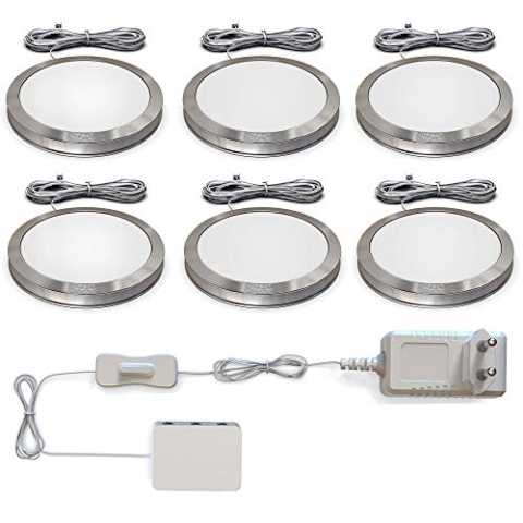 B.K.Licht - 6er Set Unterbauleuchte mit Kabelschalter, warmweiße Lichtfarbe, je 1,8W, Unterbauleuchte Küche, LED Lichtleiste Küche, Schrankbeleuchtung, Küchenlampe, 59x9,5 mm, Aluminiumfarbig