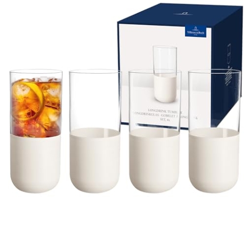 Villeroy & Boch – Manufacture Rock blanc Longdrinkbecher Set, 4tlg. Gläserset für Cocktails und Mocktails, 300 ml, Kristallglas, mattweiße Schieferoptik