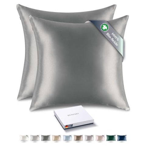 RENESSY Kissenhüllen aus 100% Bio-Seide 40x40 cm 2er-Pack - 22 Momme Maulbeerseide, Güteklasse 6A, Oeko-Tex zert. in Deutschland - Luxus für Haar und Haut (Graphitgrau)