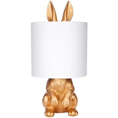 BRUBAKER Tisch- oder Nachttischlampe Goldener Hase - Tischleuchte mit Keramikfuß und Stoffschirm - 42 cm Höhe, Weiß Gold