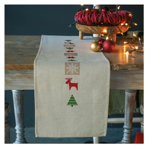 Vervaco Stickpackung Tischläufer Zählmusterpackung Kreuzstich Karierte Weihnachtsbäume Stickläufer zum Selbersticken Stickset Weihnachten Kreativ Set für Erwachsene 29 x 102 cm Kreatives Geschenk