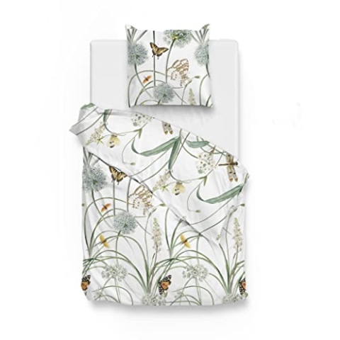 Zo!Home Mako-Satin Bettwäsche 155x220 cm Tamar White Blumen Schmetterlinge grün