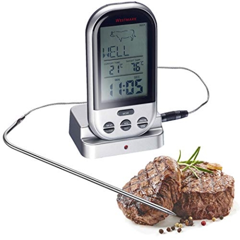 Westmark Digitales Funk-Bratenthermometer, Mit tragbarem Empfänger mit 30 m Reichweite, Rostfreier Edelstahl/Kunststoff, Silber/Schwarz, 12922260
