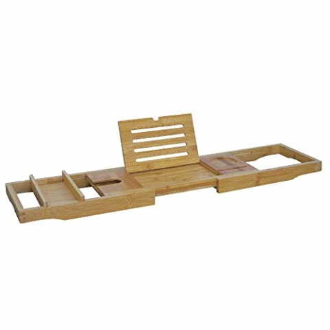 Vivol Badewanne aus Bambus Holz Natur Farben mit Seifenschale und Kerzen Halter - Badewannenablage ausziehbar