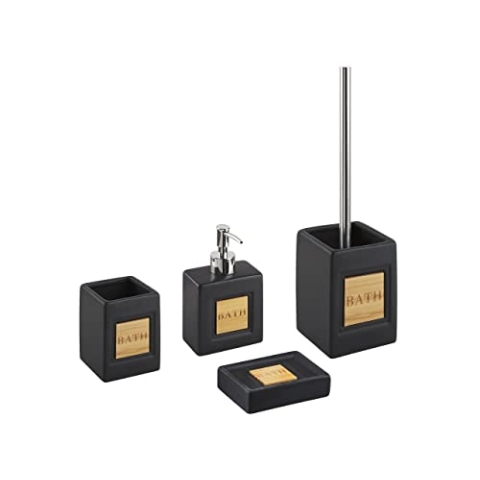 Badezimmer Set schwarz/Heller Holzfarbton 4-teilig Dolomit mit Aufschrift Kourou