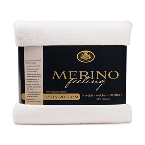 Gözze - Gemütliche Kuscheldecke, Merino Feeling, Wendbar, Hohe Dichte 600 g/m², 150 x 200 cm - Wollweiß