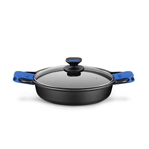 MONIX Solid+ | Niedriger Kasserolle, Glasdeckel und Silikongriffe, 5 Liter, Aluminium, Schwarz und Blau, 32 cm