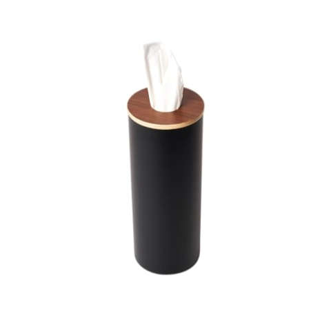 Yamazaki 5981 RIN Runde Taschentuchbox L, schwarz, Stahl/Holz/Silikon, minimalistisch, 9.2 x 9.2 x 23.8 cm