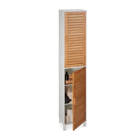 Relaxdays Badezimmerschrank, HxBxT: 190 x 40 x 30 cm, 6 Fächer, MDF & Bambus, hoch, schmal, Bad Hochschrank, weiß/Natur