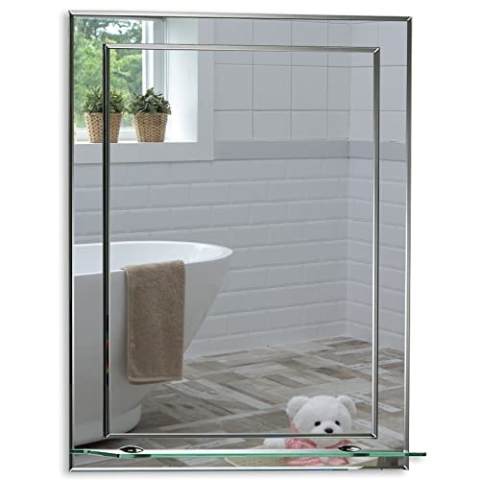 Schöner rechteckiger Badezimmerspiegel mit Ablage, modern und stylish, 2 Lagen Glass, mit abgerundeten Kanten, Wandbefestigung, Badspiegel, Wandspiegel, abgeschrägte Kante, Spiegel 70cm X 50cm