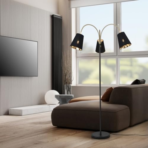 lux.pro Stehlampe Wycombe Stehleuchte 3 x E14 Wohnzimmerlampe Metall Stoffschirm verstellbar Standleuchte 3-flammig Schwarz/Goldfarben Lampe stehend