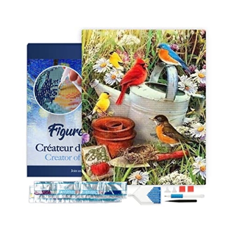 Figured'Art Diamond Painting Erwachsene 40x50cm Mit Rahmen Ganze Leinwand gespannt Vögel im Garten 5D Bilder Eckige Steine - DIY Set Basteln
