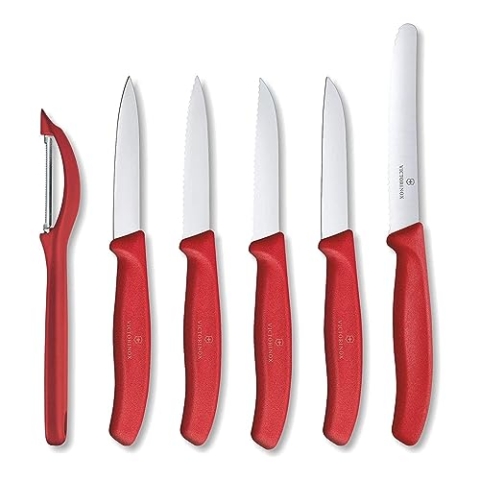 Victorinox Swiss Classic, Küchenmesser Set, 6teilig, Gemüse-, Tomaten- und Frühstücksmesser und Schäler, Robuster Kunststoffgriff, Rostfreier Stahl, Rot